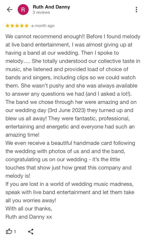 Ruth and Danny's five star review of Live Band Entertainment and their wedding band, The Tones 
